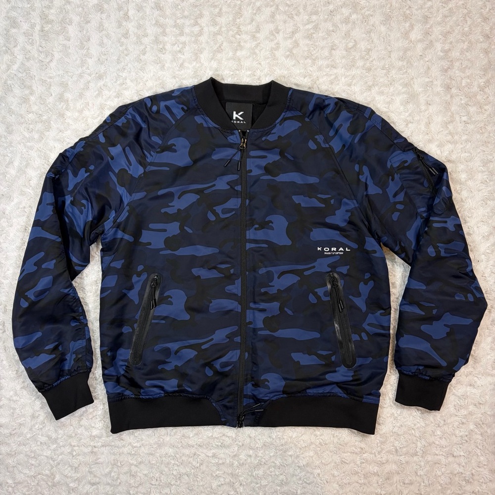 Koral Ariel Blue Camo Bomber Jacket Size Medium Zipper Pockets 2 Way Zipper EUC